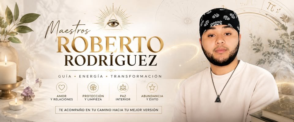 Portada de Roberto Rodríguez: guía, energía y transformación; amor y relaciones, protección y limpieza, paz interior, abundancia y éxito